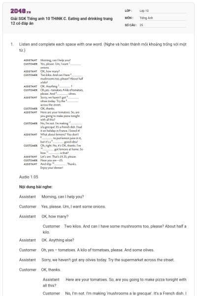 Giải SGK Tiếng anh 10 THiNK C. Eating and drinking trang 12 có đáp án