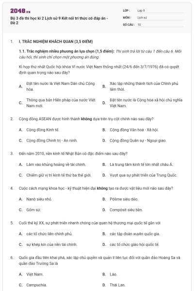 Bộ 3 đề thi học kì 2 Lịch sử 9 Kết nối tri thức có đáp án - Đề 2