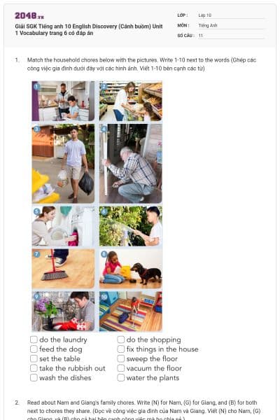 Giải SGK Tiếng anh 10 English Discovery (Cánh buồm) Unit 1 Vocabulary trang 6 có đáp án