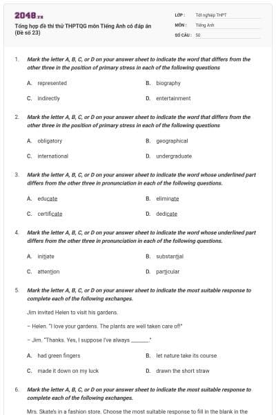 Tổng hợp đề thi thử THPTQG môn Tiếng Anh có đáp án (Đề số 23)