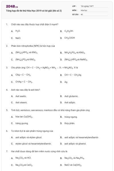 Tổng hợp đề thi thử Hóa Học 2019 có lời giải (Đề số 2)
