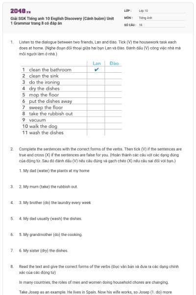 Giải SGK Tiếng anh 10 English Discovery (Cánh buồm) Unit 1 Grammar trang 8 có đáp án