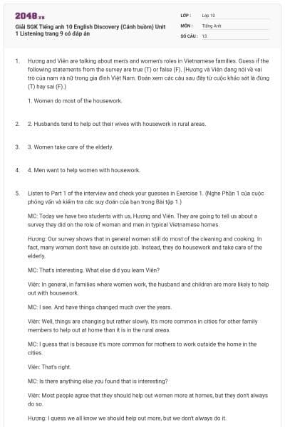 Giải SGK Tiếng anh 10 English Discovery (Cánh buồm) Unit 1 Listening trang 9 có đáp án