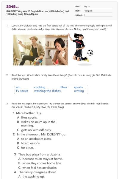 Giải SGK Tiếng anh 10 English Discovery (Cánh buồm) Unit 1 Reading trang 10 có đáp án