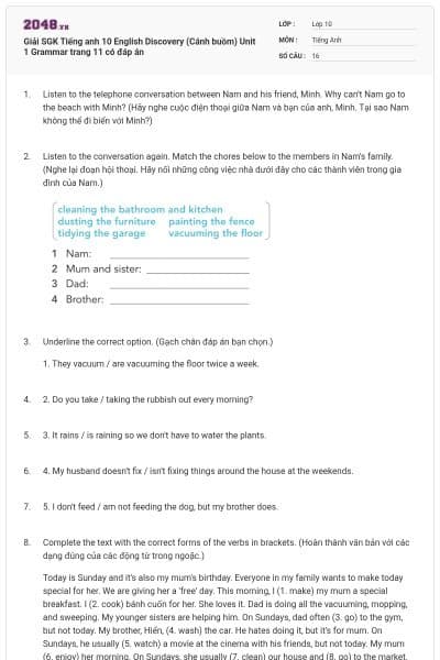 Giải SGK Tiếng anh 10 English Discovery (Cánh buồm) Unit 1 Grammar trang 11 có đáp án