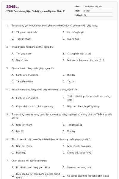 2500+ Câu trắc nghiệm Sinh lý học có đáp án - Phần 11
