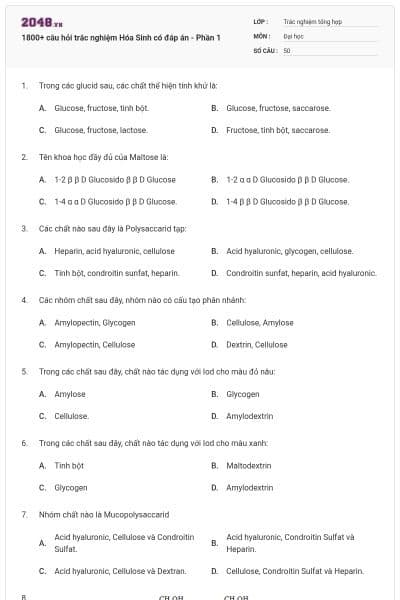 1800+ câu hỏi trắc nghiệm Hóa Sinh có đáp án - Phần 1