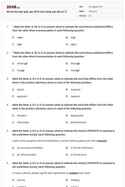Đề thi thử thpt quốc gia 2019 môn tiếng anh (Đề số 7)