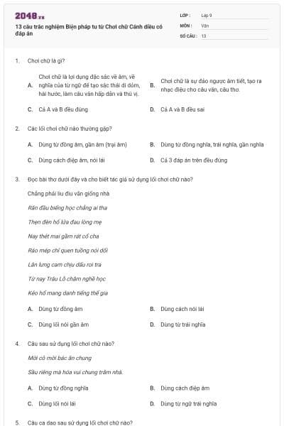 13 câu trắc nghiệm Biện pháp tu từ Chơi chữ Cánh diều có đáp án