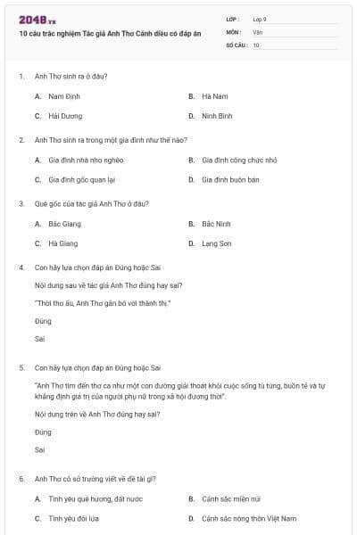 10 câu trắc nghiệm Tác giả Anh Thơ Cánh diều có đáp án