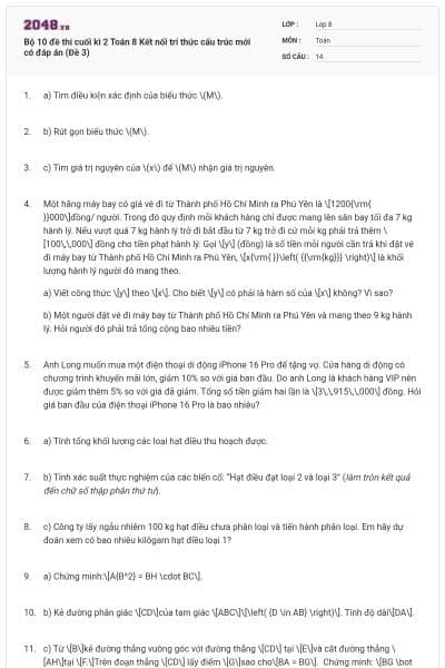 Bộ 10 đề thi cuối kì 2 Toán 8 Kết nối tri thức cấu trúc mới có đáp án (Đề 3)