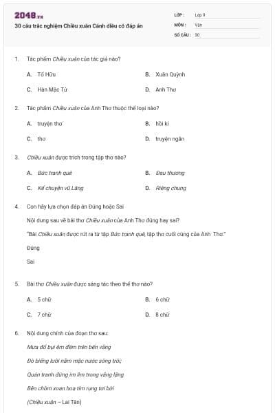 30 câu trắc nghiệm Chiều xuân Cánh diều có đáp án