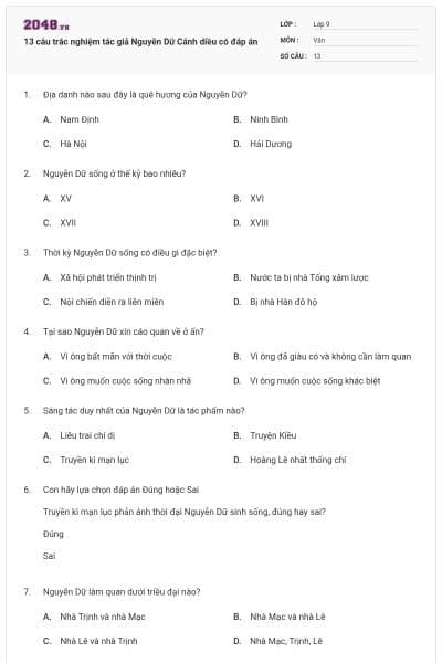 13 câu trắc nghiệm tác giả Nguyễn Dữ Cánh diều có đáp án