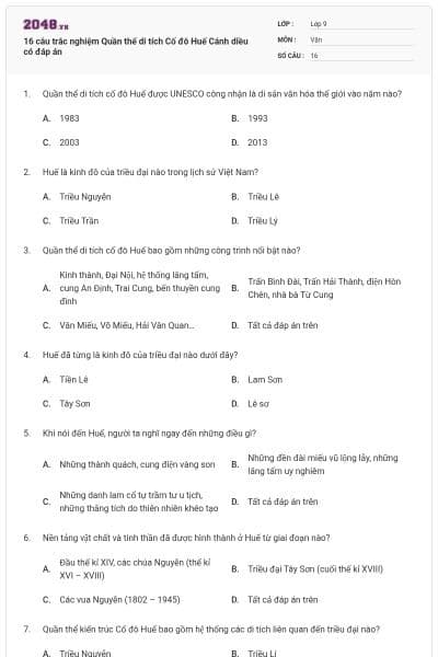 16 câu trắc nghiệm Quần thể di tích Cố đô Huế Cánh diều có đáp án