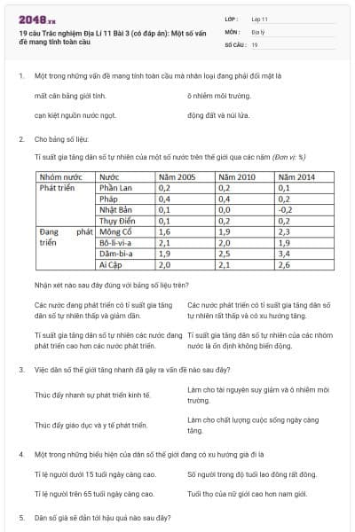 19 câu  Trắc nghiệm Địa Lí 11 Bài 3 (có đáp án): Một số vấn đề mang tính toàn cầu