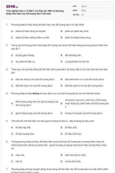 Trắc nghiệm Địa Lí 10 Bài 2 (có đáp án): Một số phương pháp biểu hiện các đối tượng địa lí trên bản