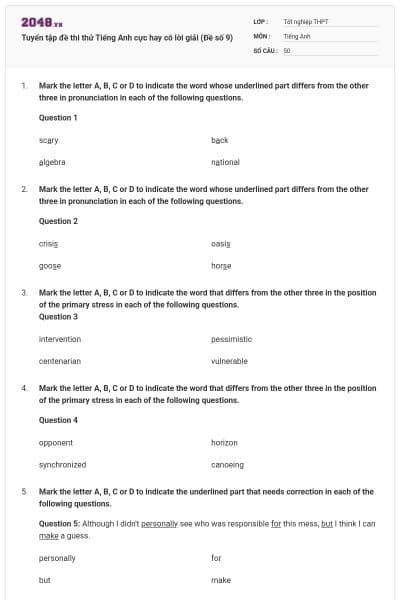 Tuyển tập đề thi thử Tiếng Anh cực hay có lời giải (Đề số 9)