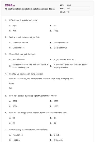 10 câu trắc nghiệm tác giả Sếch-xpia Cánh diều có đáp án