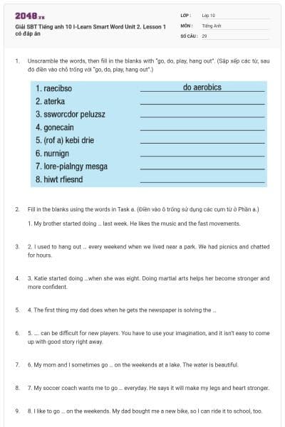 Giải SBT Tiếng anh 10 I-Learn Smart Word Unit 2. Lesson 1 có đáp án