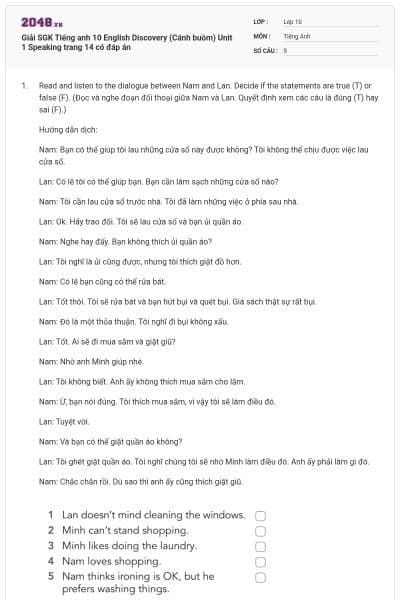 Giải SGK Tiếng anh 10 English Discovery (Cánh buồm) Unit 1 Speaking trang 14 có đáp án