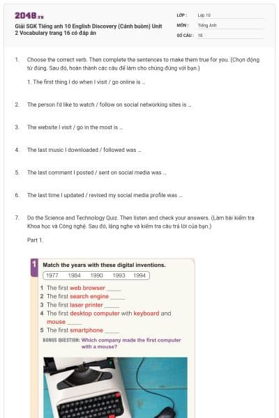 Giải SGK Tiếng anh 10 English Discovery (Cánh buồm) Unit 2 Vocabulary trang 16 có đáp án