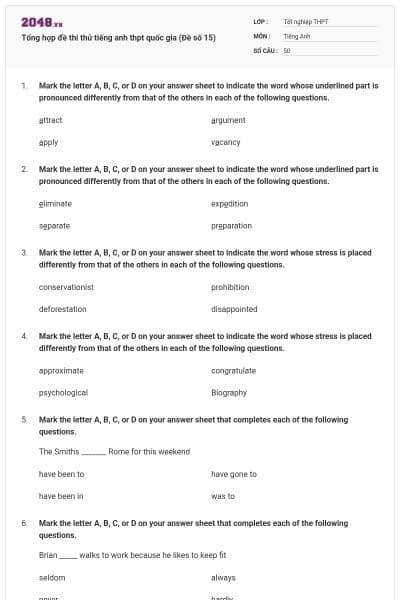 Tổng hợp đề thi thử tiếng anh thpt quốc gia (Đề số 15)