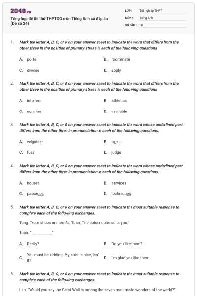 Tổng hợp đề thi thử THPTQG môn Tiếng Anh có đáp án (Đề số 24)