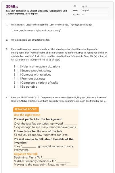 Giải SGK Tiếng anh 10 English Discovery (Cánh buồm) Unit 2 Speaking trang 24 có đáp án