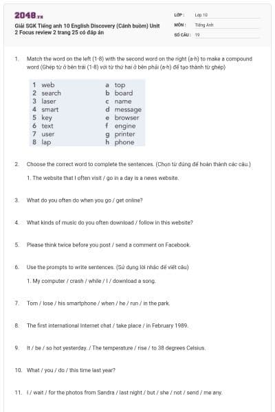 Giải SGK Tiếng anh 10 English Discovery (Cánh buồm) Unit 2 Focus review 2 trang 25 có đáp án