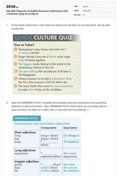 Giải SGK Tiếng anh 10 English Discovery (Cánh buồm) Unit 3 Grammar trang 28 có đáp án