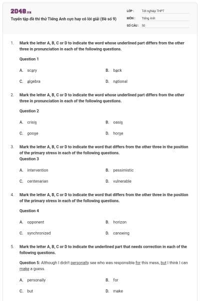 Tuyển tập đề thi thử Tiếng Anh cực hay có lời giải (Đề số 9)