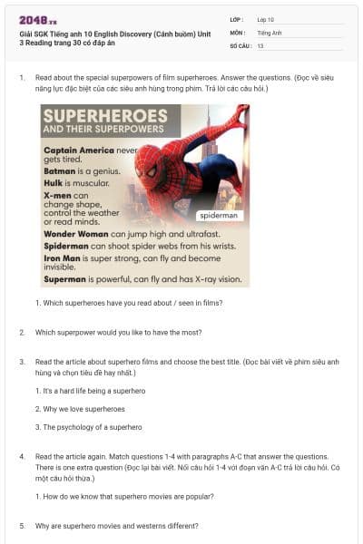 Giải SGK Tiếng anh 10 English Discovery (Cánh buồm) Unit 3 Reading trang 30 có đáp án