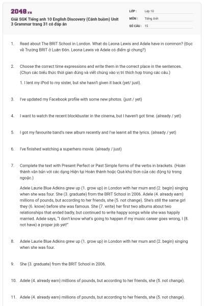 Giải SGK Tiếng anh 10 English Discovery (Cánh buồm) Unit 3 Grammar trang 31 có đáp án