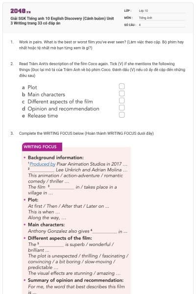 Giải SGK Tiếng anh 10 English Discovery (Cánh buồm) Unit 3 Writing trang 33 có đáp án