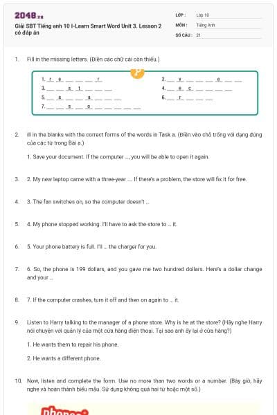 Giải SBT Tiếng anh 10 I-Learn Smart Word Unit 3. Lesson 2 có đáp án