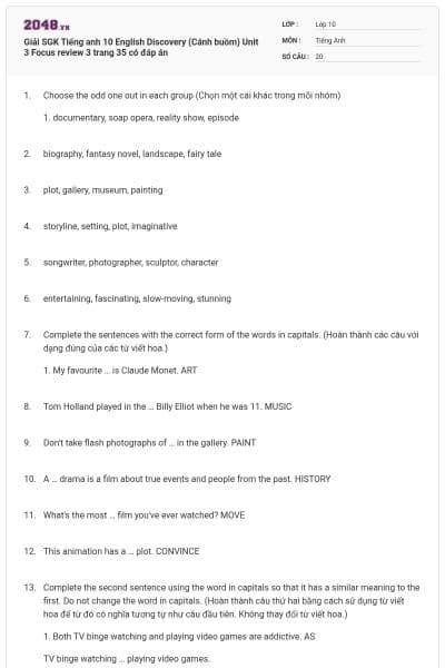 Giải SGK Tiếng anh 10 English Discovery (Cánh buồm) Unit 3 Focus review 3 trang 35 có đáp án