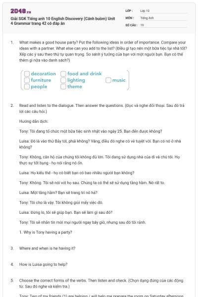 Giải SGK Tiếng anh 10 English Discovery (Cánh buồm) Unit 4 Grammar trang 42 có đáp án