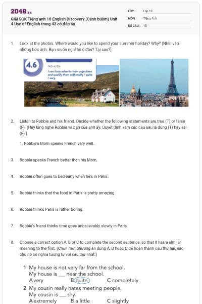 Giải SGK Tiếng anh 10 English Discovery (Cánh buồm) Unit 4 Use of English trang 43 có đáp án