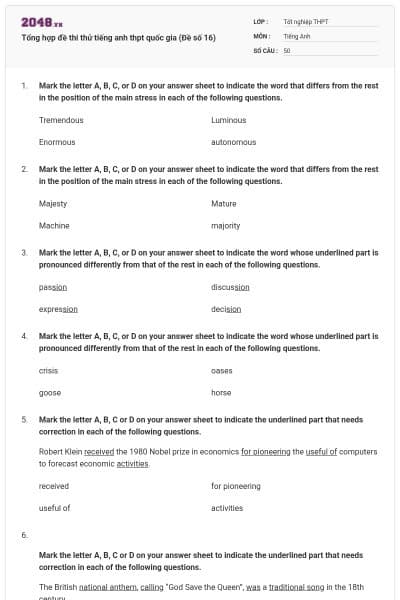 Tổng hợp đề thi thử tiếng anh thpt quốc gia (Đề số 16)