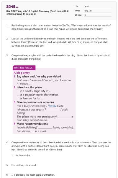 Giải SGK Tiếng anh 10 English Discovery (Cánh buồm) Unit 4 Writing trang 44 có đáp án