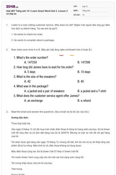 Giải SBT Tiếng anh 10 I-Learn Smart Word Unit 3. Lesson 3 có đáp án