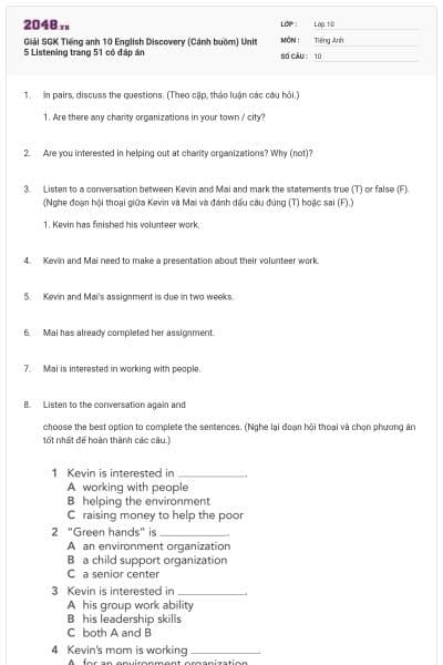 Giải SGK Tiếng anh 10 English Discovery (Cánh buồm) Unit 5 Listening trang 51 có đáp án