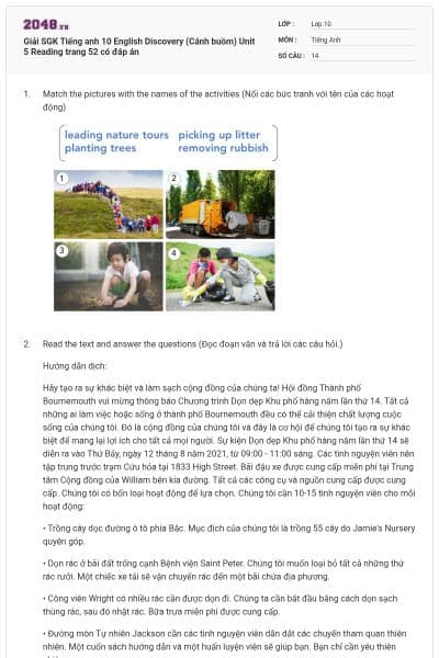 Giải SGK Tiếng anh 10 English Discovery (Cánh buồm) Unit 5 Reading trang 52 có đáp án