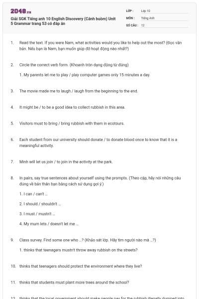 Giải SGK Tiếng anh 10 English Discovery (Cánh buồm) Unit 5 Grammar trang 53 có đáp án