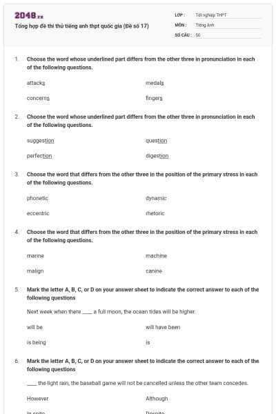 Tổng hợp đề thi thử tiếng anh thpt quốc gia (Đề số 17)