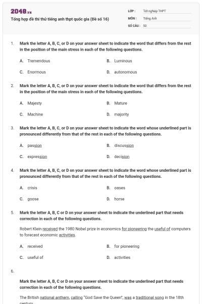 Tổng hợp đề thi thử tiếng anh thpt quốc gia (Đề số 16)