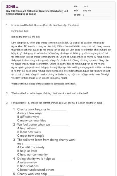 Giải SGK Tiếng anh 10 English Discovery (Cánh buồm) Unit 5 Writing trang 55 có đáp án