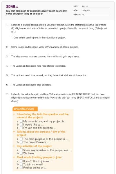 Giải SGK Tiếng anh 10 English Discovery (Cánh buồm) Unit 5 Use of English trang 56 có đáp án