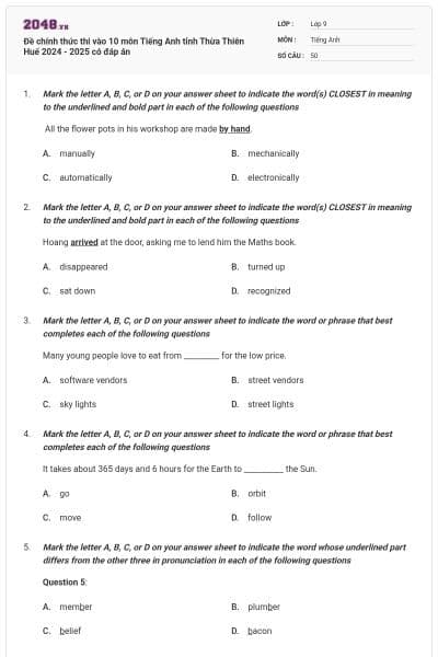 Đề chính thức thi vào 10 môn Tiếng Anh tỉnh Thừa Thiên Huế 2024 - 2025 có đáp án