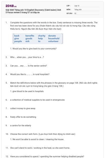 Giải SGK Tiếng anh 10 English Discovery (Cánh buồm) Unit 5 Focus review 5 trang 57 có đáp án
